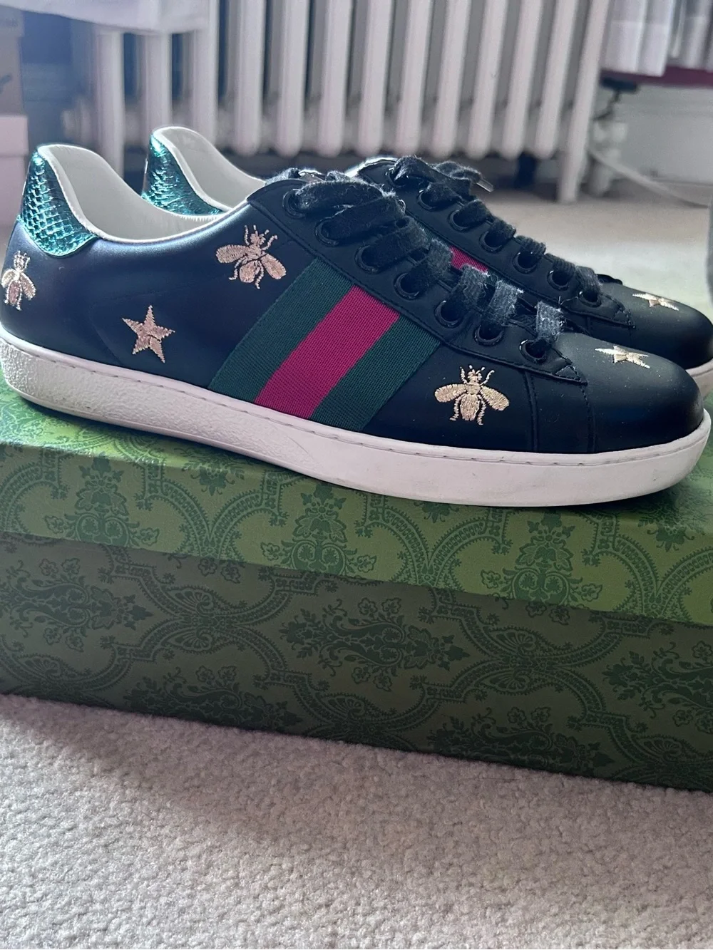 Gucci Black Leather Embroidered Bee & Star Low-Top Sneakers with Green-Red Web